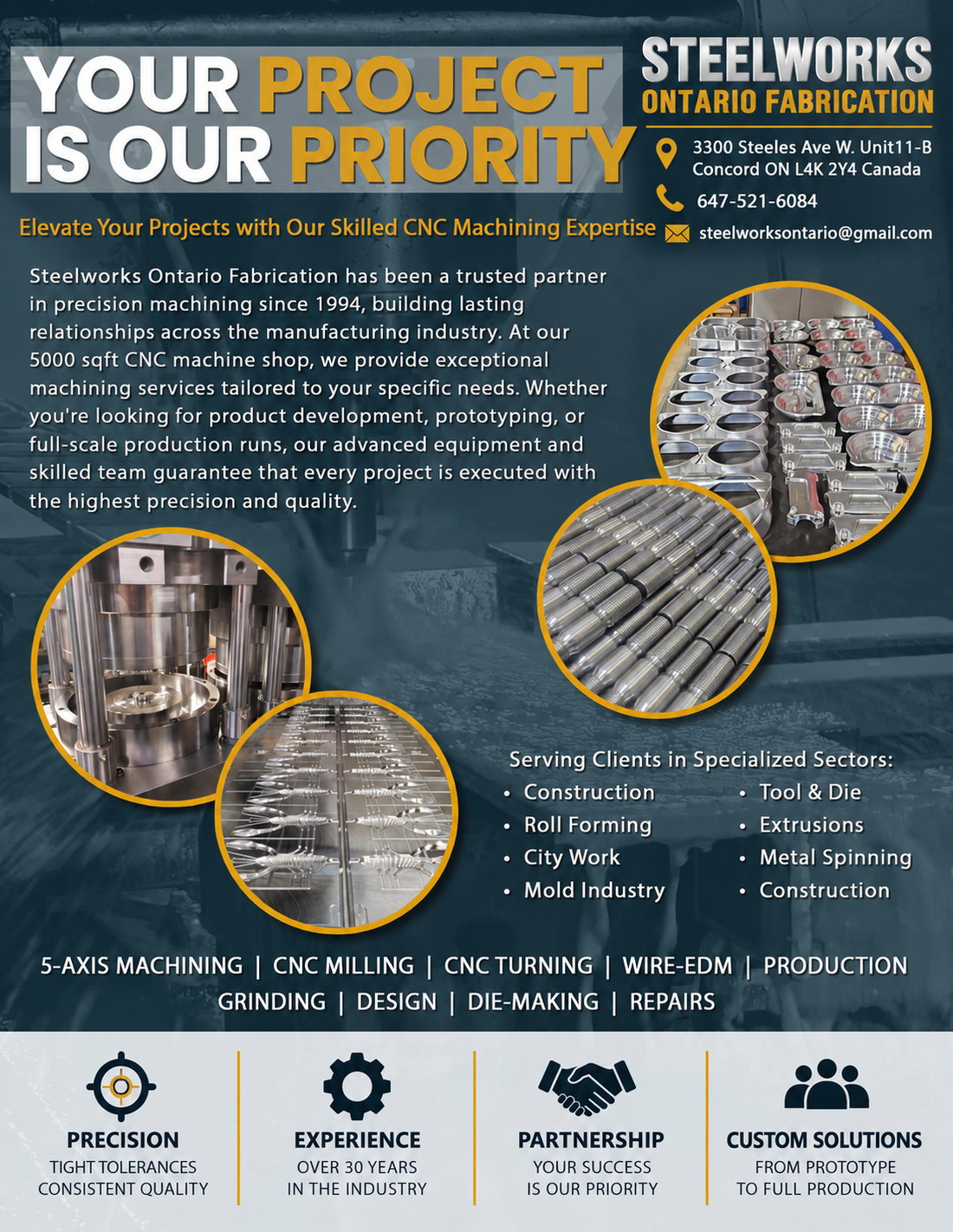 Steelworks Ontario Fabrication capability sheet. Precision machining since 1994 from a 5,000 square foot CNC machine shop, listing 5-axis machining, CNC milling, CNC turning, wire-EDM, production, grinding, design, die-making and repairs, with photographs of machined metal components.